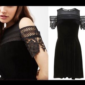 TopShop Black Velvet Cold Shoulder Skater Dress size 4